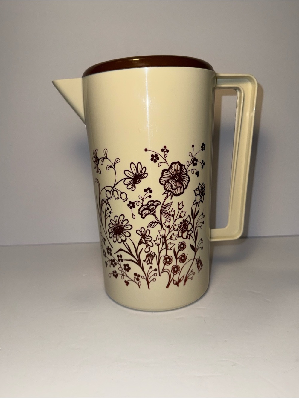 Vintage Brown Plastic Pitcher with Floral Design with Lid